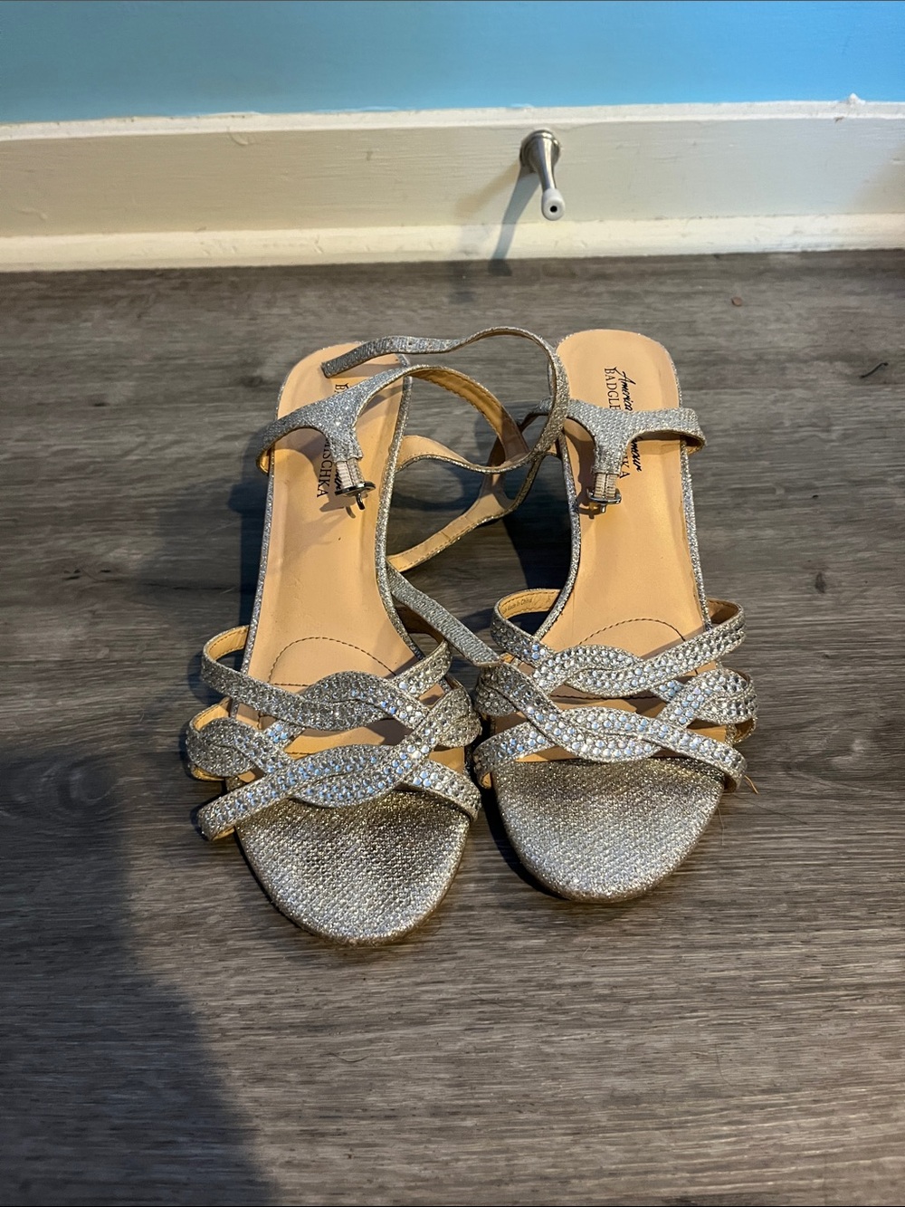 Badgley Mischka Silver Rhinestone Strappy Heels